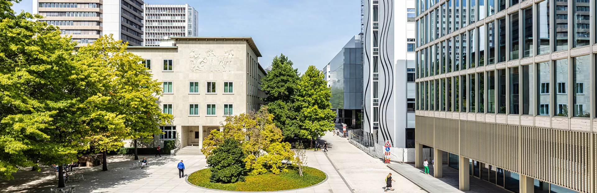 An elevated view of buildings, open space and greenery on Novartis Campus