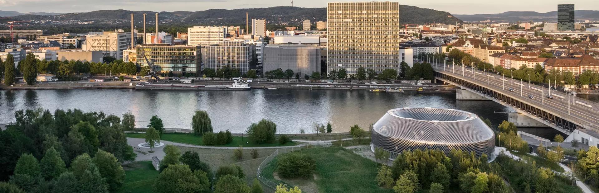 Drone shot of the Novartis Pavillon with the Rhine river in the background | ©Rasmus Hjortshøj - COAST