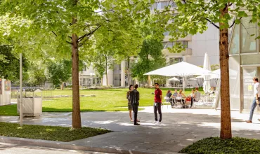 Two people in conversation amongst trees and lawns on campus